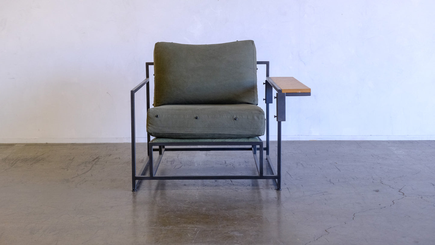 Inheritance Armchair in Military Canvas + Blackened Steel (with brown boucle slipcover set)