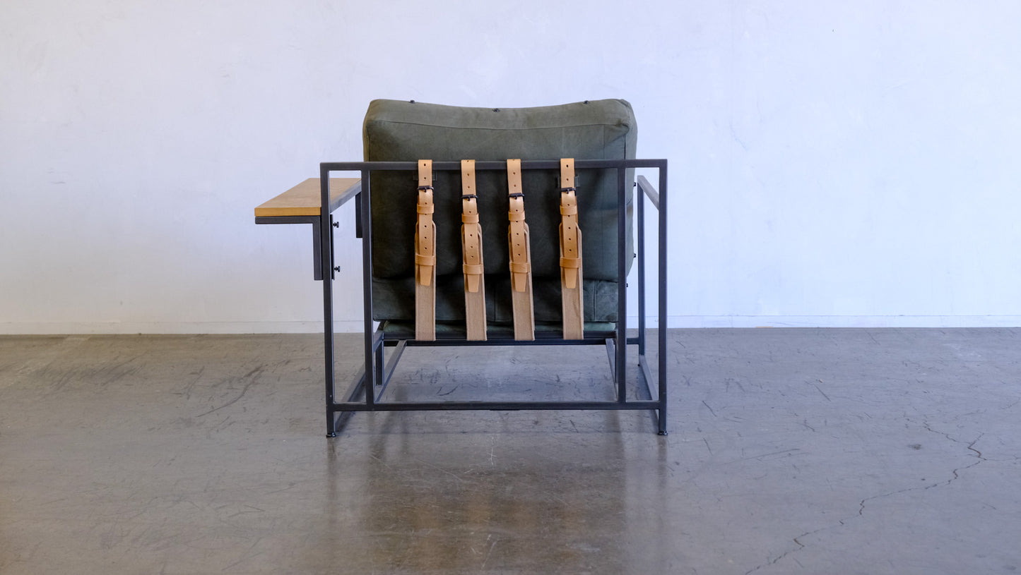 Inheritance Armchair in Military Canvas + Blackened Steel (with brown boucle slipcover set)
