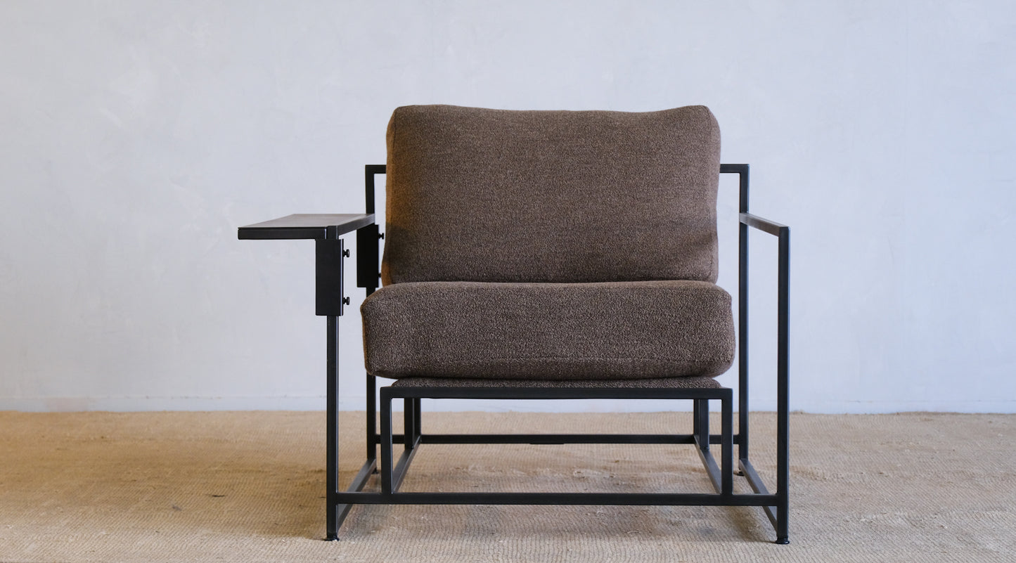 Inheritance Armchair in Military Canvas + Blackened Steel (with brown boucle slipcover set)