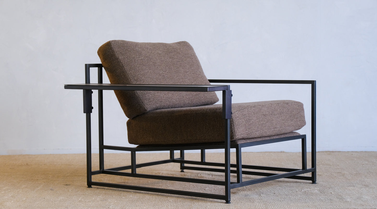 Inheritance Armchair in Military Canvas + Blackened Steel (with brown boucle slipcover set)