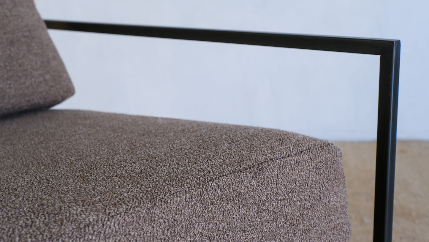 Inheritance Armchair in Military Canvas + Blackened Steel (with brown boucle slipcover set)