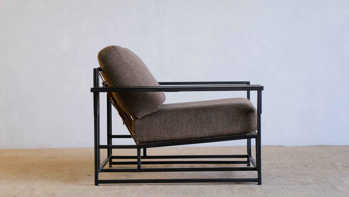 Inheritance Armchair in Military Canvas + Blackened Steel (with brown boucle slipcover set)