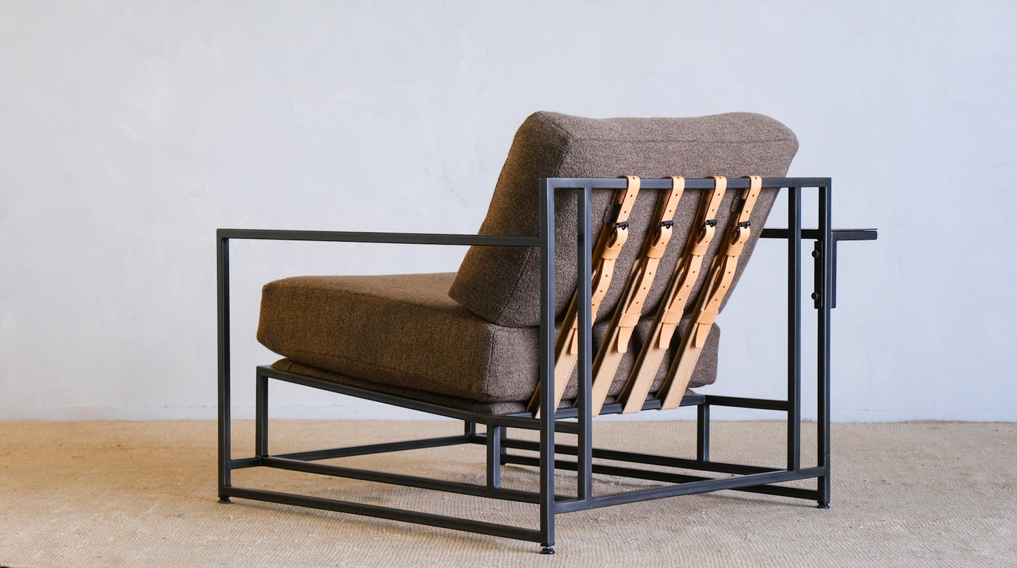 Inheritance Armchair in Military Canvas + Blackened Steel (with brown boucle slipcover set)