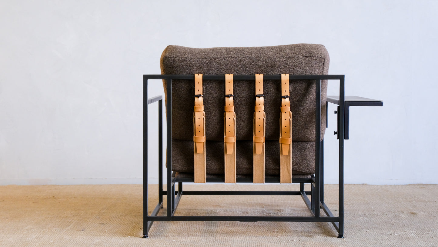 Inheritance Armchair in Military Canvas + Blackened Steel (with brown boucle slipcover set)