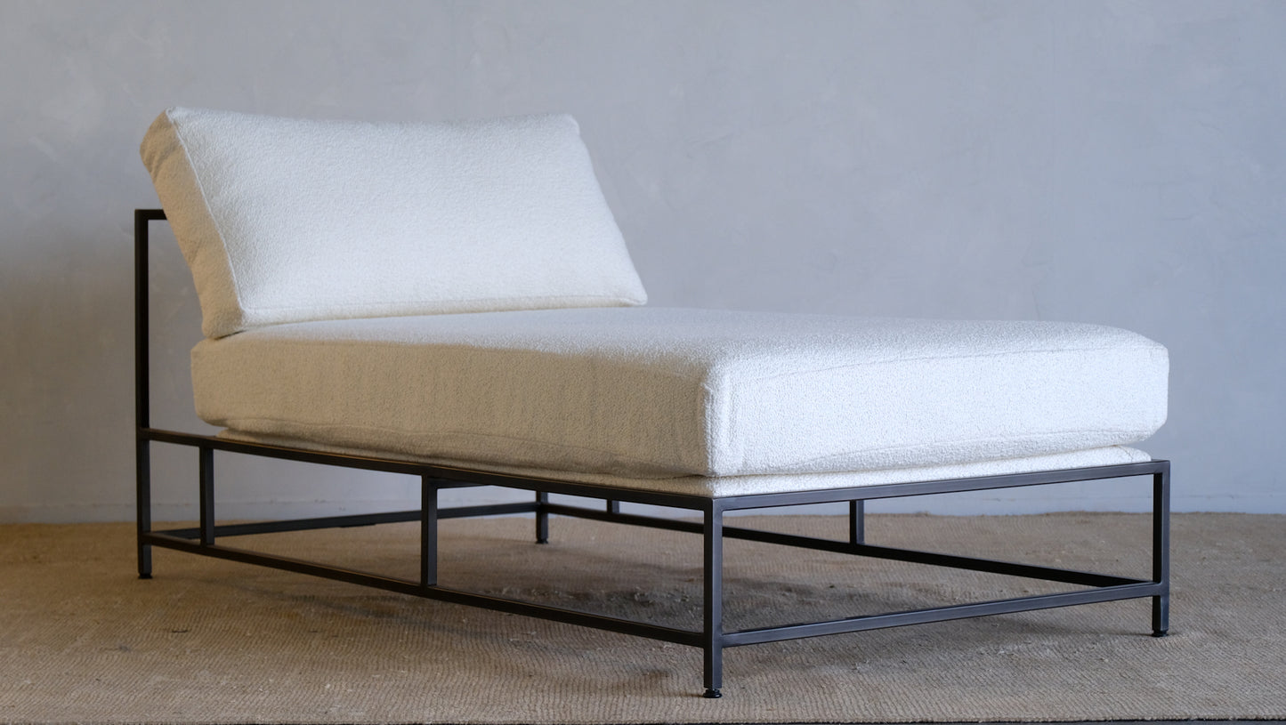 Inheritance Chaise Lounge in Military Canvas + Blackened Steel (with White Boucle extra cover set)