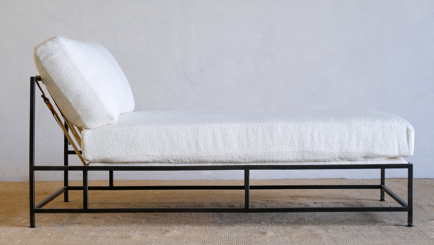 Inheritance Chaise Lounge in Military Canvas + Blackened Steel (with White Boucle extra cover set)