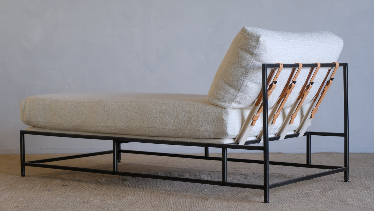 Inheritance Chaise Lounge in Military Canvas + Blackened Steel (with White Boucle extra cover set)