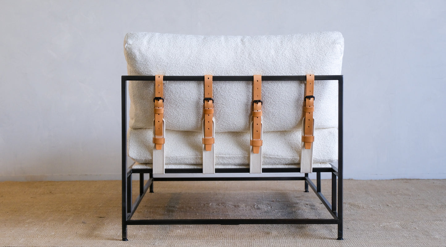 Inheritance Chaise Lounge in Military Canvas + Blackened Steel (with White Boucle extra cover set)