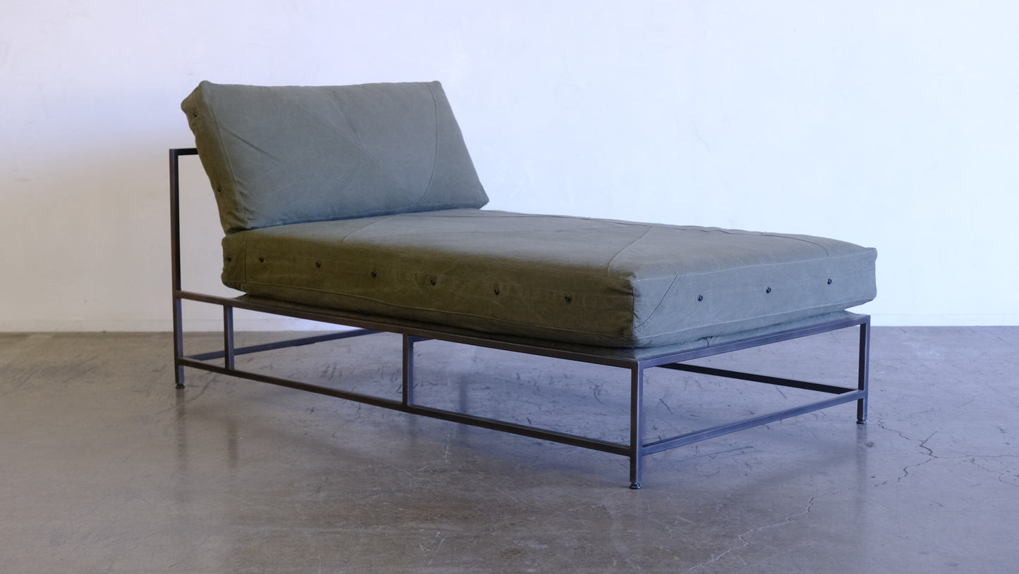 Inheritance Chaise Lounge in Military Canvas + Blackened Steel (with White Boucle extra cover set)