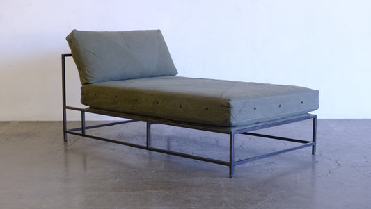 Inheritance Chaise Lounge in Military Canvas + Blackened Steel (with White Boucle extra cover set)