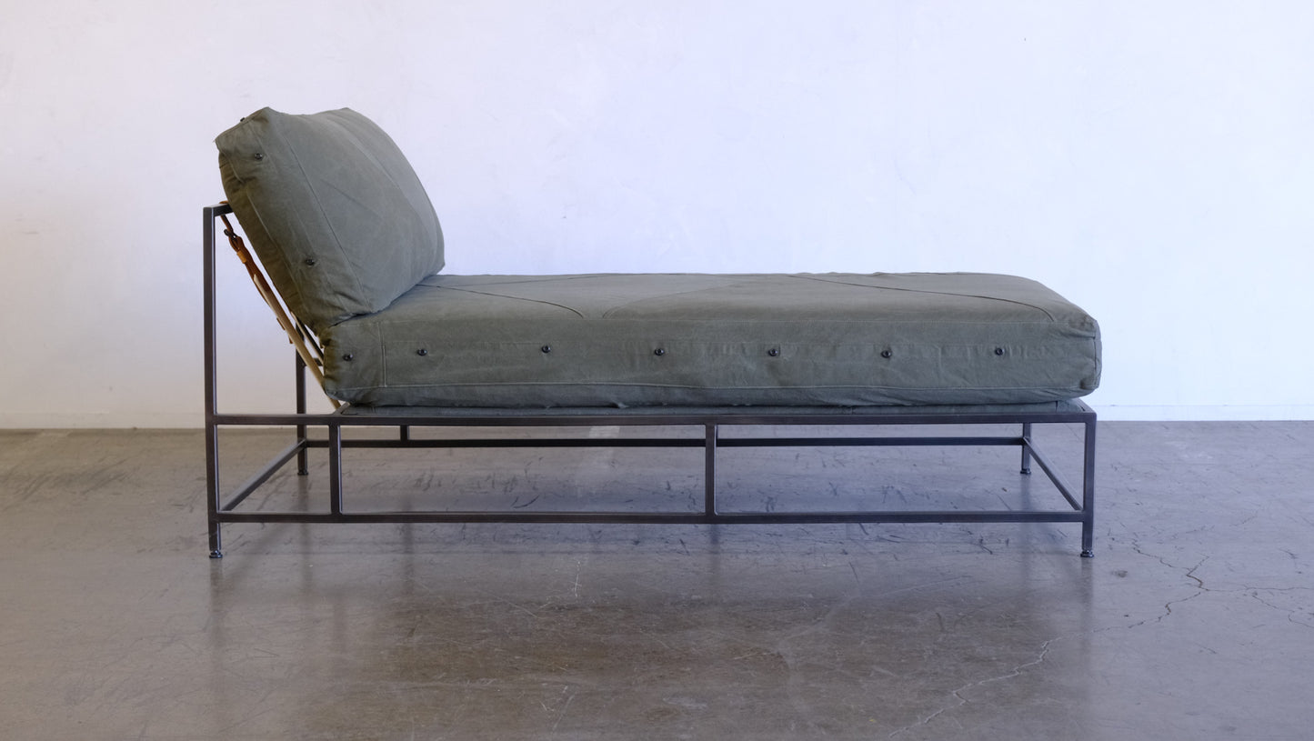 Inheritance Chaise Lounge in Military Canvas + Blackened Steel (with White Boucle extra cover set)