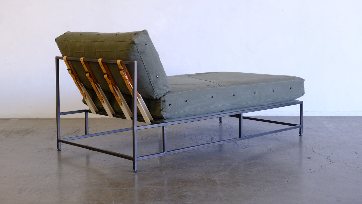 Inheritance Chaise Lounge in Military Canvas + Blackened Steel (with White Boucle extra cover set)