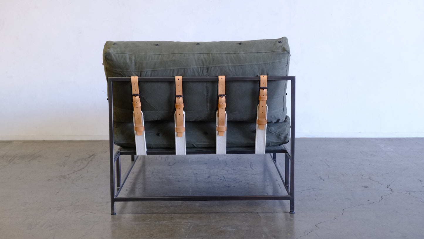 Inheritance Chaise Lounge in Military Canvas + Blackened Steel (with White Boucle extra cover set)
