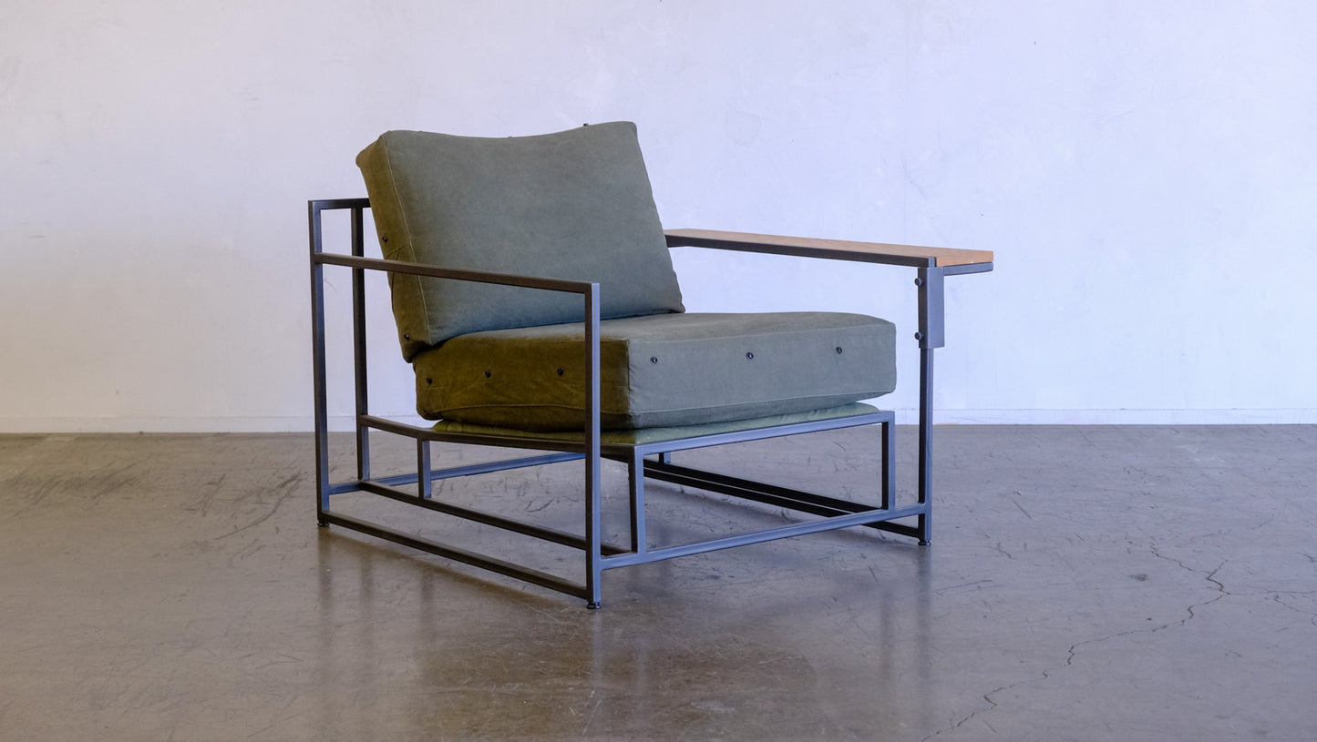 Inheritance Armchair in Military Canvas + Blackened Steel (with brown boucle slipcover set)