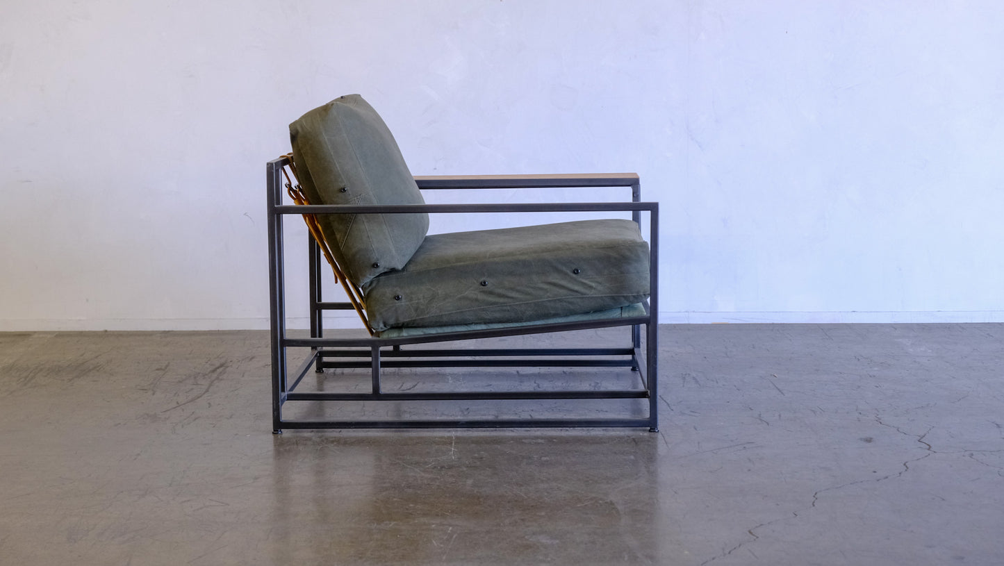 Inheritance Armchair in Military Canvas + Blackened Steel (with brown boucle slipcover set)