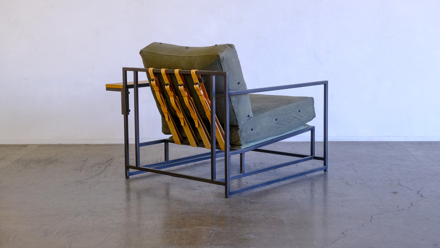 Inheritance Armchair in Military Canvas + Blackened Steel (with brown boucle slipcover set)