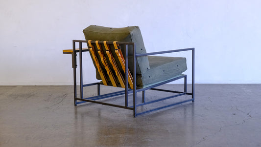 Inheritance Armchair in Military Canvas + Blackened Steel (with brown boucle slipcover set)