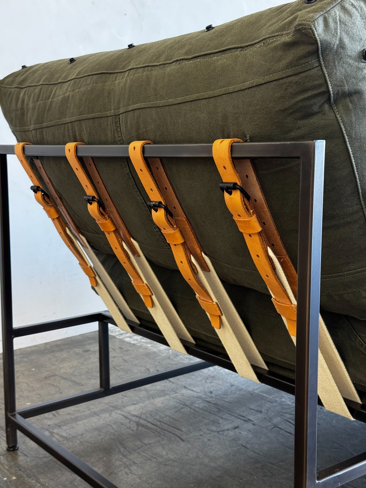 Inheritance Chaise Lounge in Military Canvas + Blackened Steel (with White Boucle extra cover set)