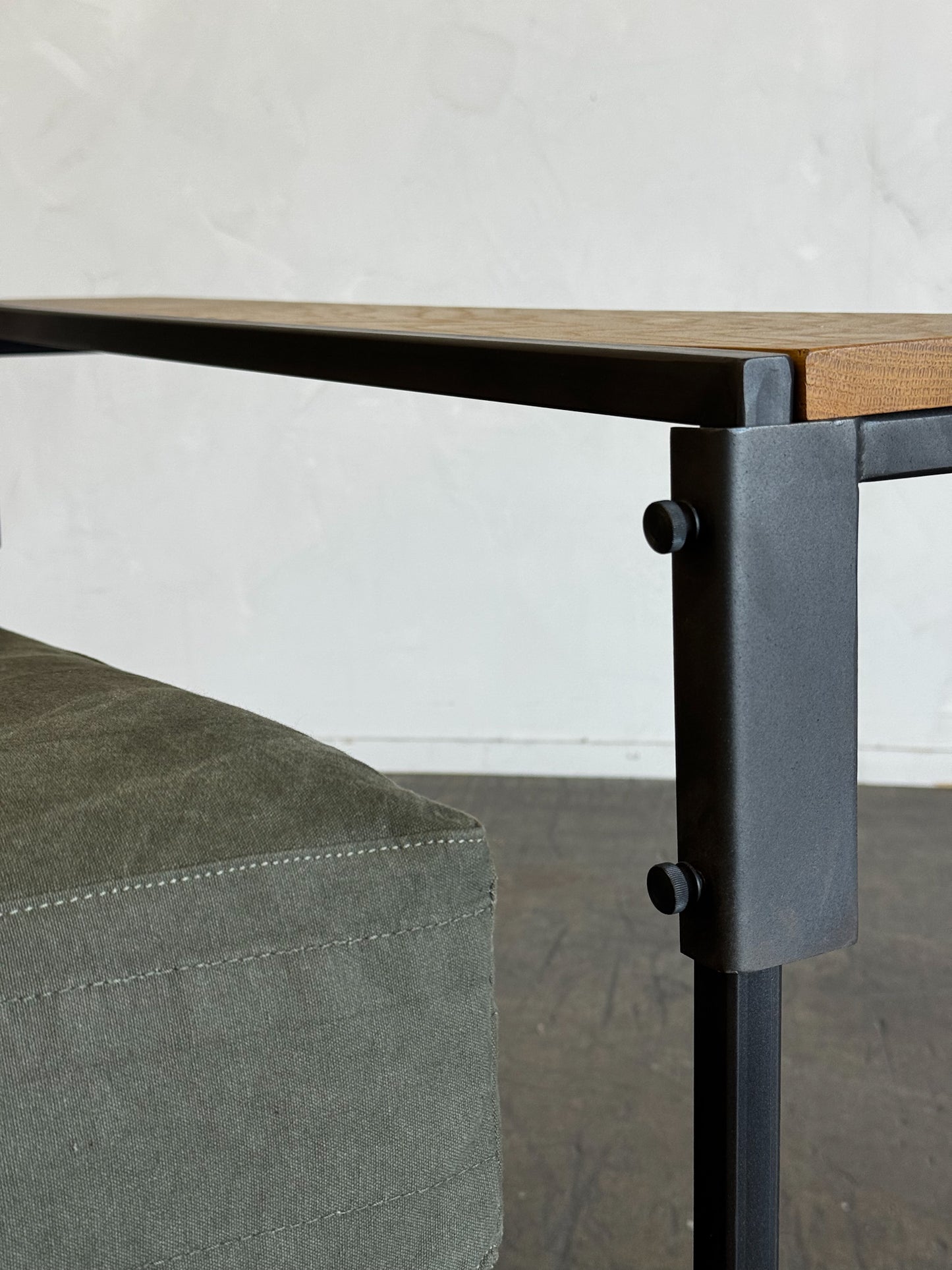 Inheritance Armchair in Military Canvas + Blackened Steel (with brown boucle slipcover set)