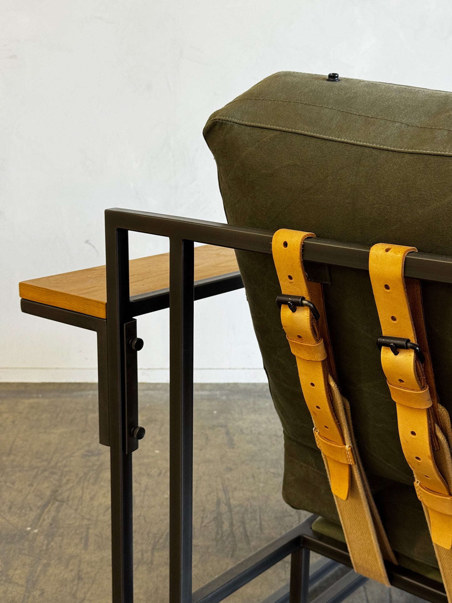 Inheritance Armchair in Military Canvas + Blackened Steel (with brown boucle slipcover set)
