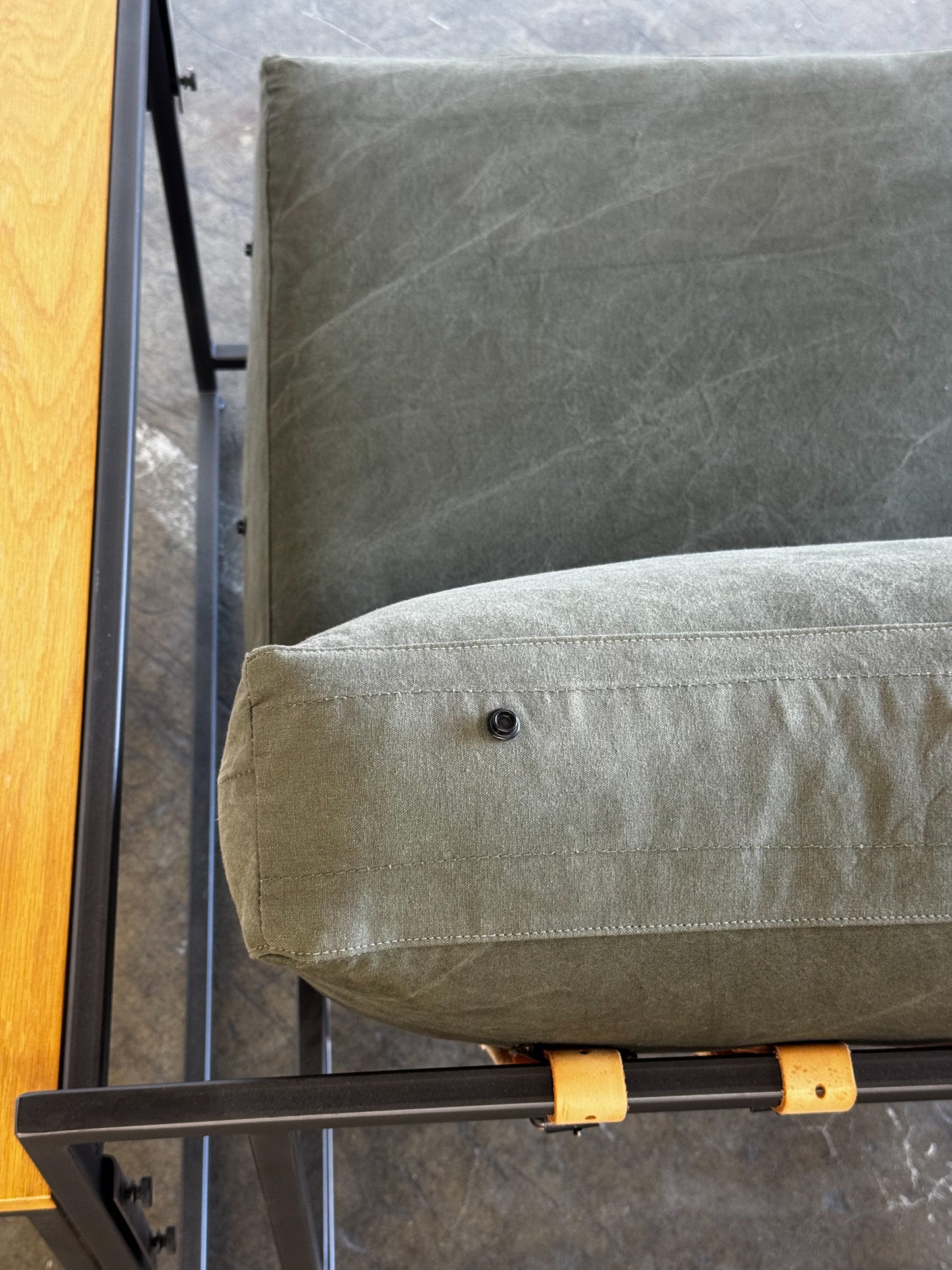 Inheritance Armchair in Military Canvas + Blackened Steel (with brown boucle slipcover set)